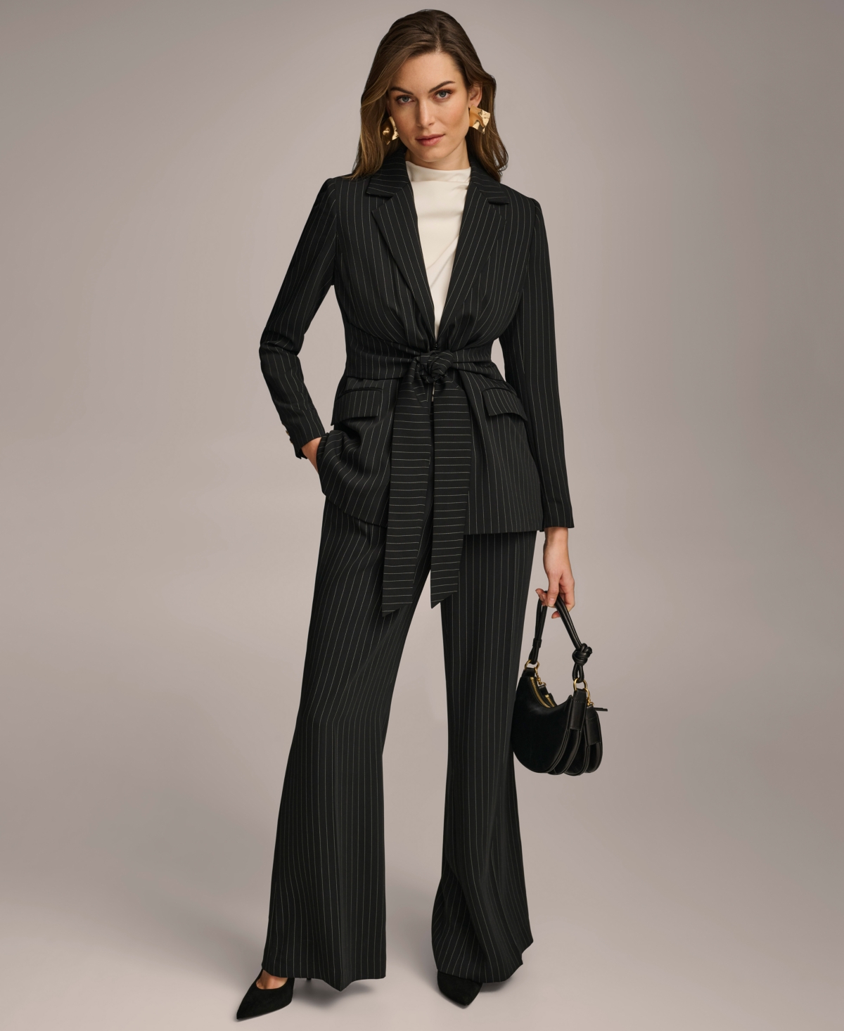 Shop Donna Karan Women's Pinstripe Tie-front Blazer In Black,cream