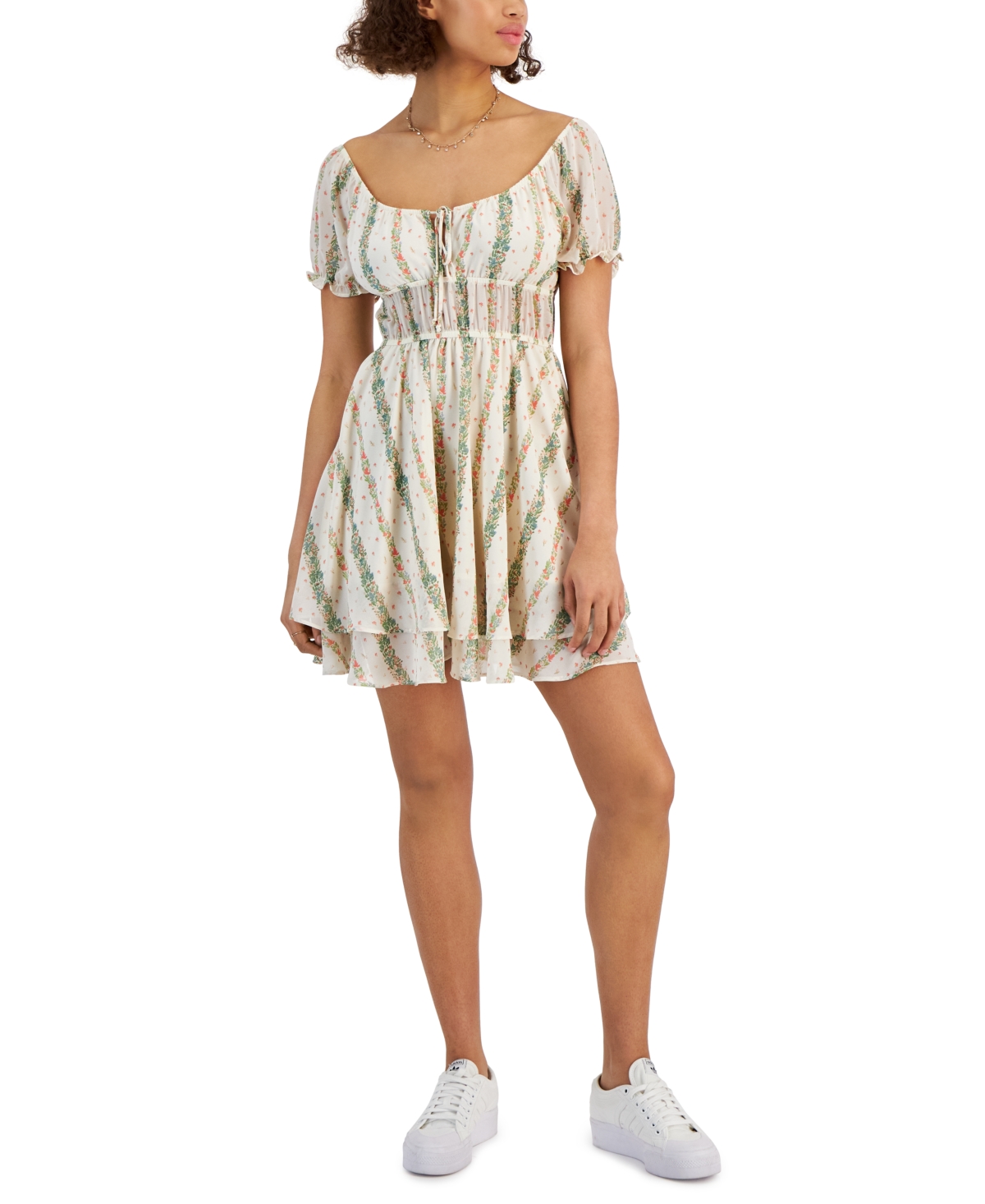 Self Esteem Self-esteem Juniors' Short-sleeve Peasant Mini Dress In Gardenia