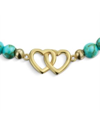 Interlocking Hearts BFF Synthetic Compressed Turquoise Strand Bead Stretch Bracelet Gold Plated Sterling Silver