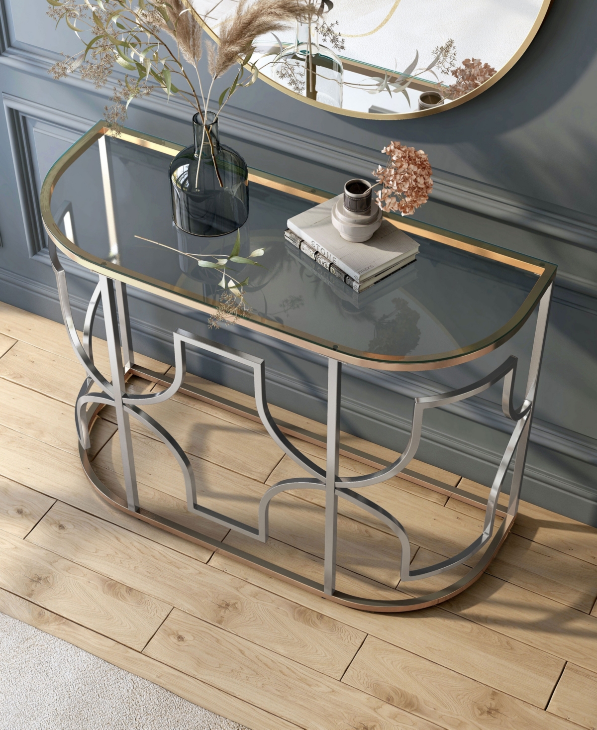 Furniture Of America 42" Metal, Glass Camille Modern Semi-circle Glass Top Sofa Table In Chrome And Gold