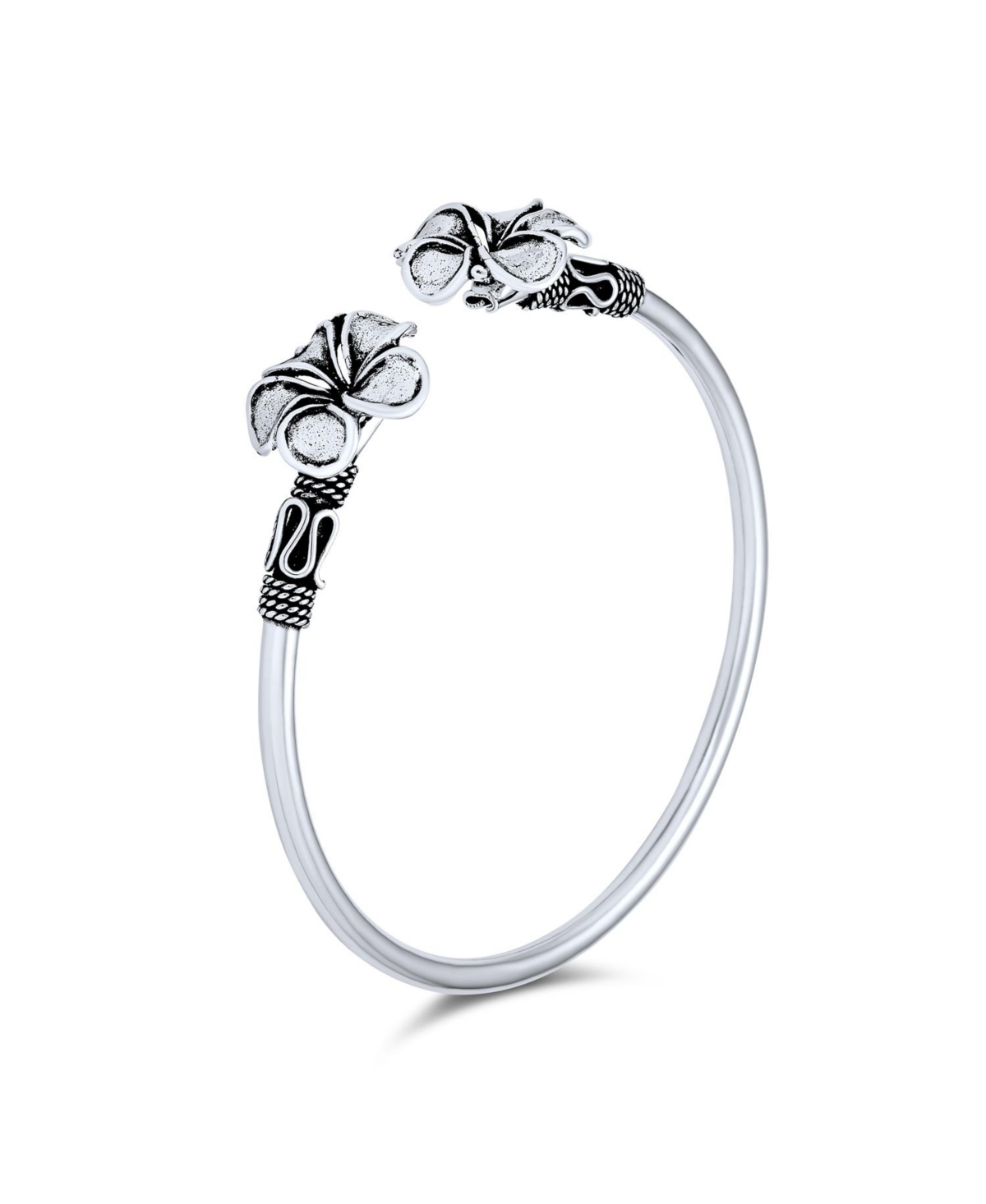 Bling Jewelry Bali Style Plumeria Flower Tips Stacking Bangle Bypass Cuff Bracelet For Women For Oxidized Sterling- Silver