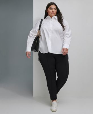 Womens Plus Size Imitation Pearl Blouse Zipper Hem Leggings