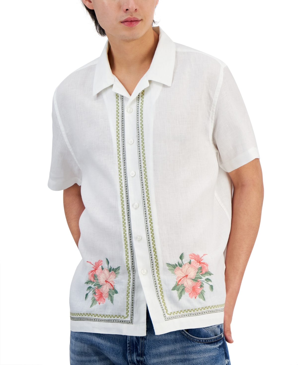 Shop Guess Men's Linen Embroidered Floral Shirt In Pearl White Multi
