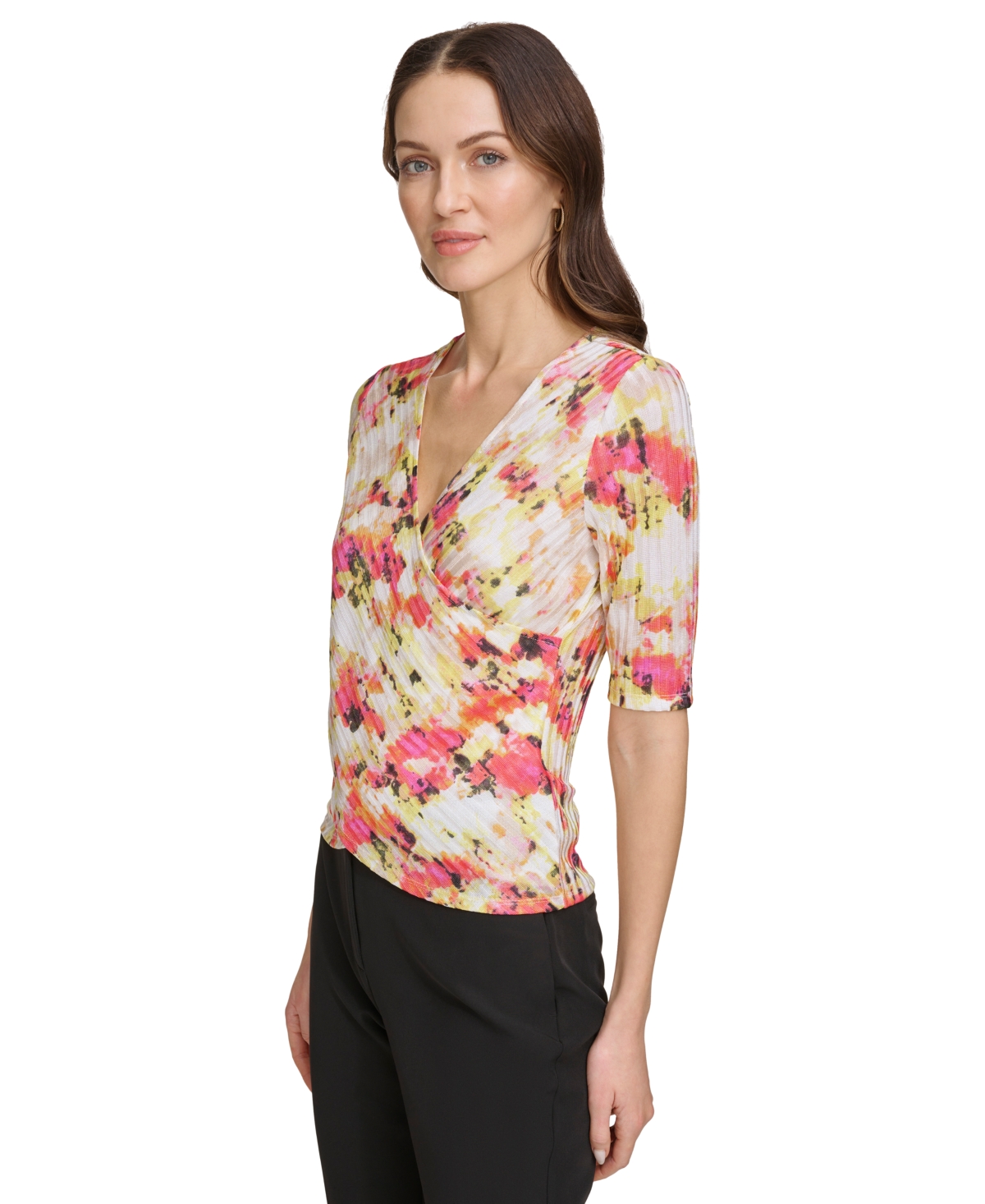 Shop Dkny Women's Printed Textured Surplice Top In Ivory,orange Blossom Multi