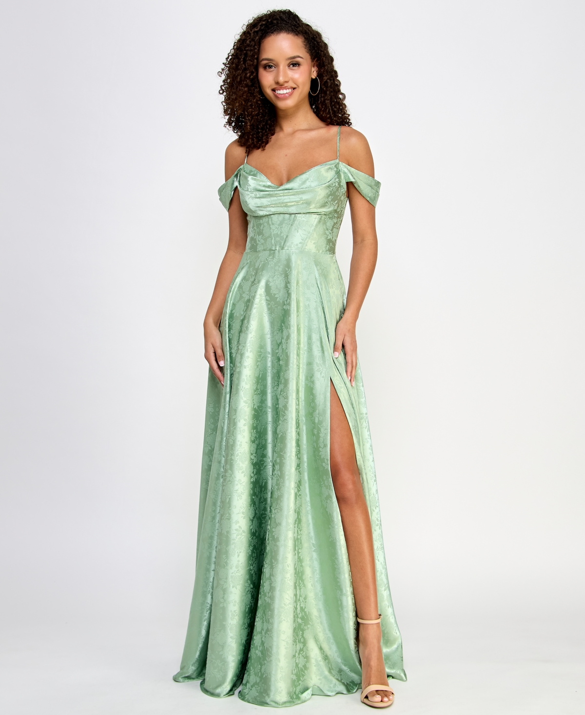 Juniors' Sweetheart-Neck Jacquard Gown - Sage