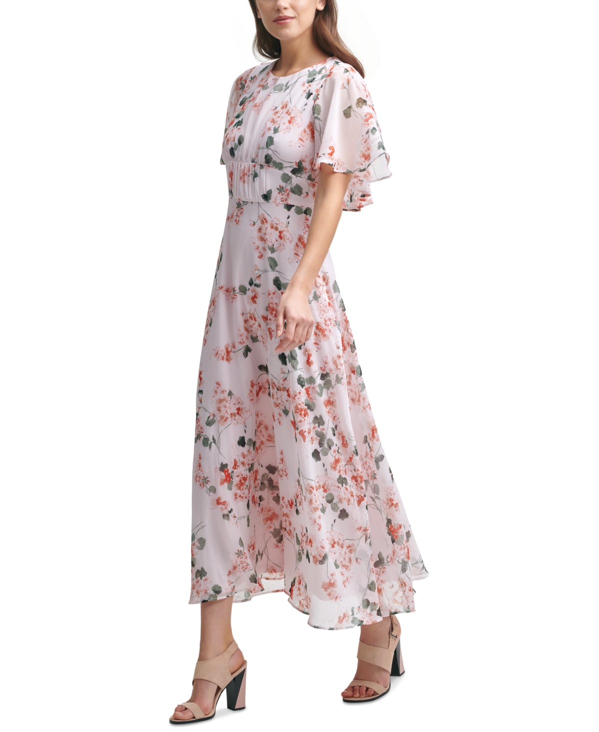 Shop Calvin Klein Women's Floral-print Cape-back Maxi Dress In Blush Multi