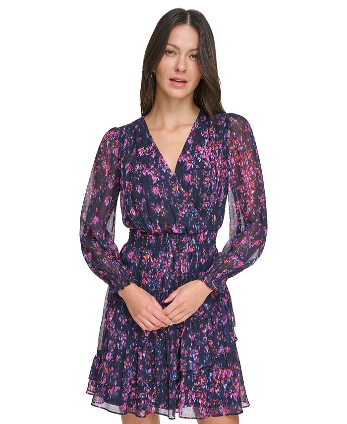 DKNY V-Neck Belted Balloon-Sleeve Chiffon Dress