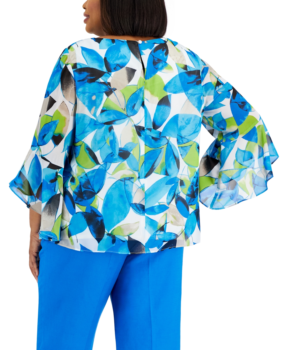 Shop Kasper Plus Size Printed Ruffle-sleeve Top In Lily White,light Azure