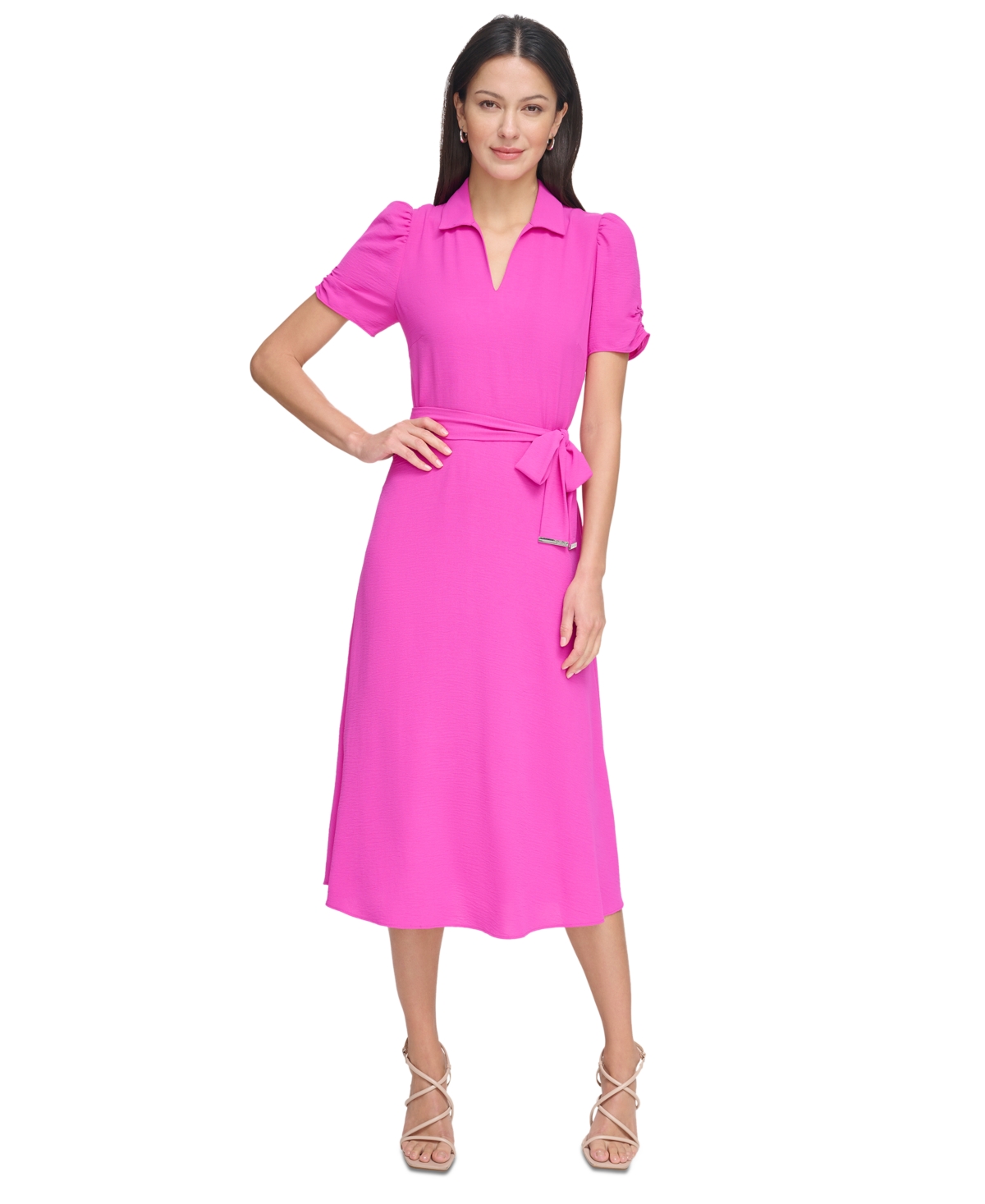 Women's Tie-Waist Point Collar A-Line Dress - Power Pink