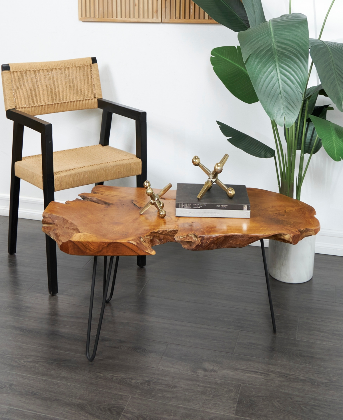 Rosemary Lane 43" X 24" X 17" Teak Wood Handmade Live Edge Black Metal Hairpin Legs Coffee Table In Brown