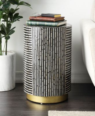 Mother of Pearl Drum Accent Table with Linear Mosaic Pattern and Gold Base