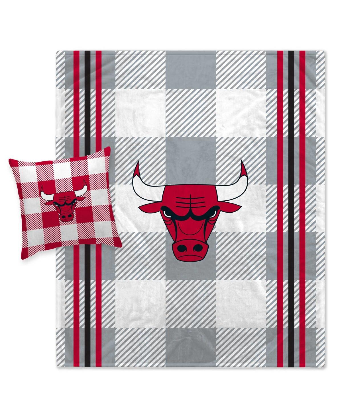 Pegasus Home Fashions Chicago Bulls Gray Plaid Stripes Blanket And Pillow Combo Set In Multi