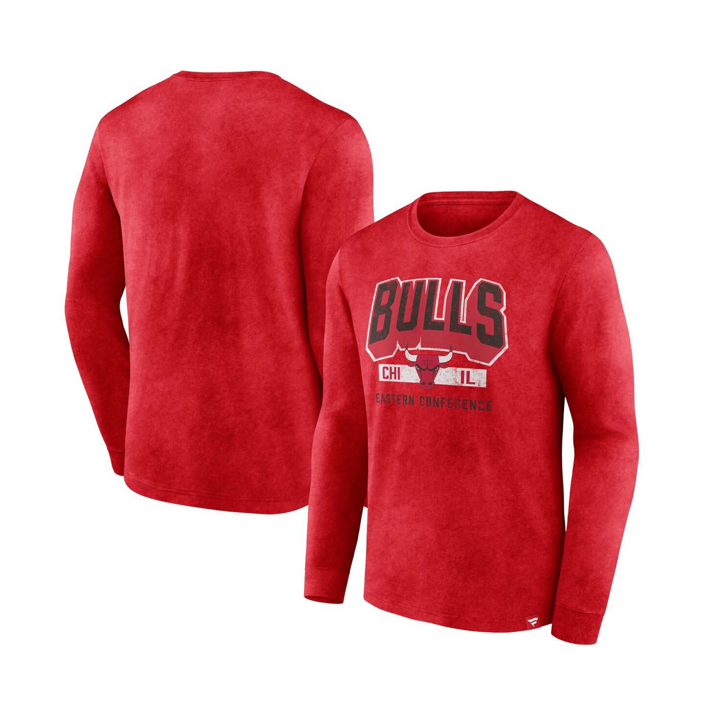 Мужская футболка Fanatics Heather Red Distressed Chicago Bulls Front Court Press Snow Wash Long Sleeve — фото 1