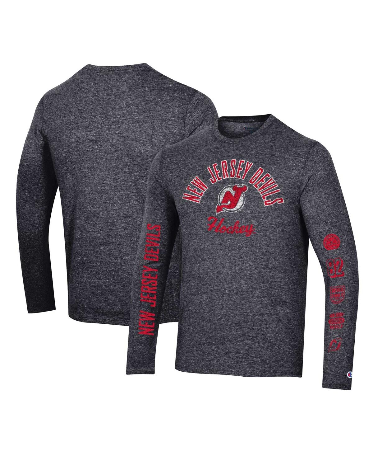 Shop Champion Men's  Heather Black Distressed New Jersey Devils Multi-logo Tri-blend Long Sleeve T-shirt
