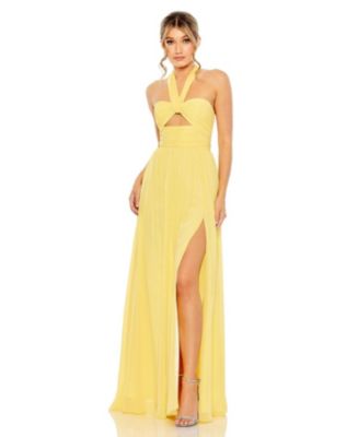 【Mac Duggal】Ruched Halter Neck Tie Back Gown 関税送料込 Mac Duggal Ruched Halter Neck Tie Back Satin Gown - Lemon