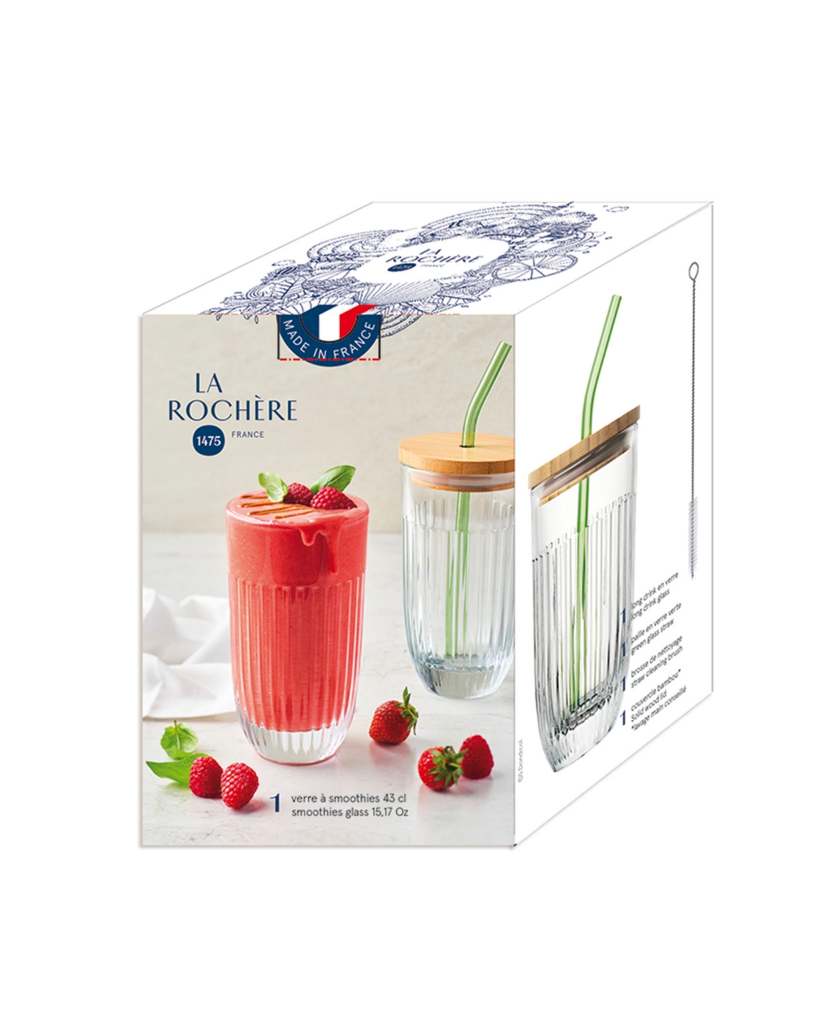 La Rochere Quessant oz. Covered Smoothie Glass - Clear with Wood Lid and Green Straw