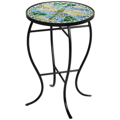 Dragonfly Modern Black Metal Round Outdoor Accent Side Table 14" Wide Blue Green Mosaic Tile Inlay Tabletop Gracefully Curved Legs for Spaces Porch Patio Home House Balcony Deck - Teal Island Designs