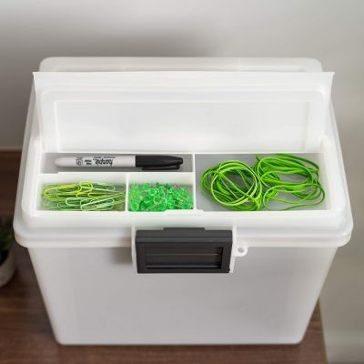 USA 19 Qt. WEATHERPRO Plastic Office Storage Portable Letter Size File Box with Organizer-Lid and Seal and Secure Latching Buckles, Clear