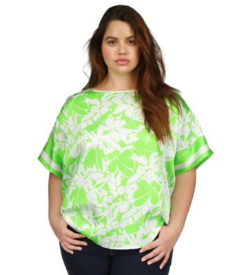 Michael Kors - Plus Size Leaf-Print Striped-Cuff Top