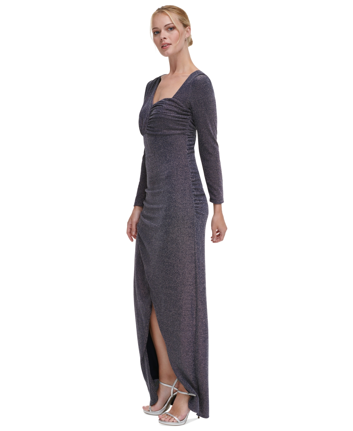 Shop Dkny Women's Shimmer Asymmetric-neck Side-ruched Gown In Navy,silver