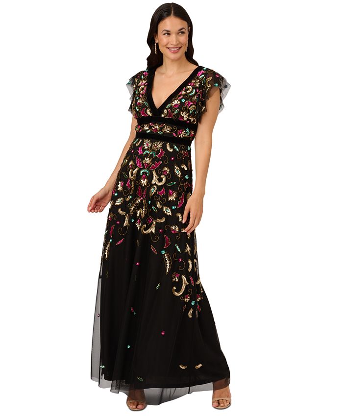 Women s Beaded Velvet Trimmed Gown
