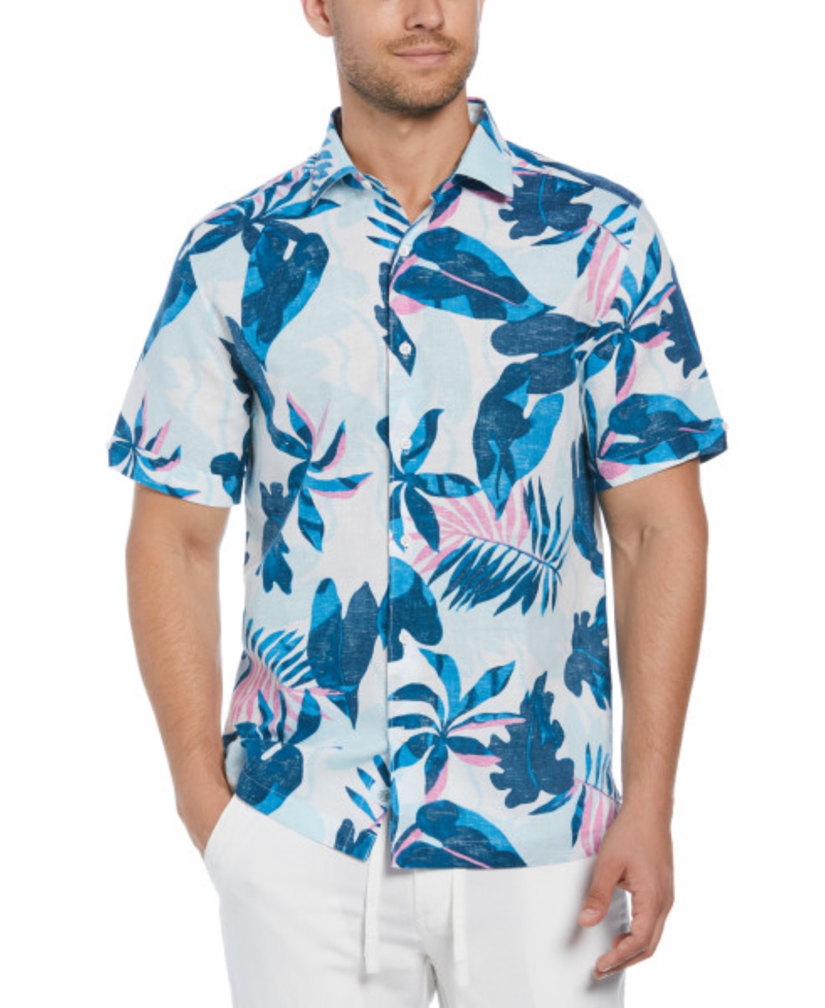 Men's Big & Tall Linen Blend Tropical Print Short Sleeve Shirt - Brilliant