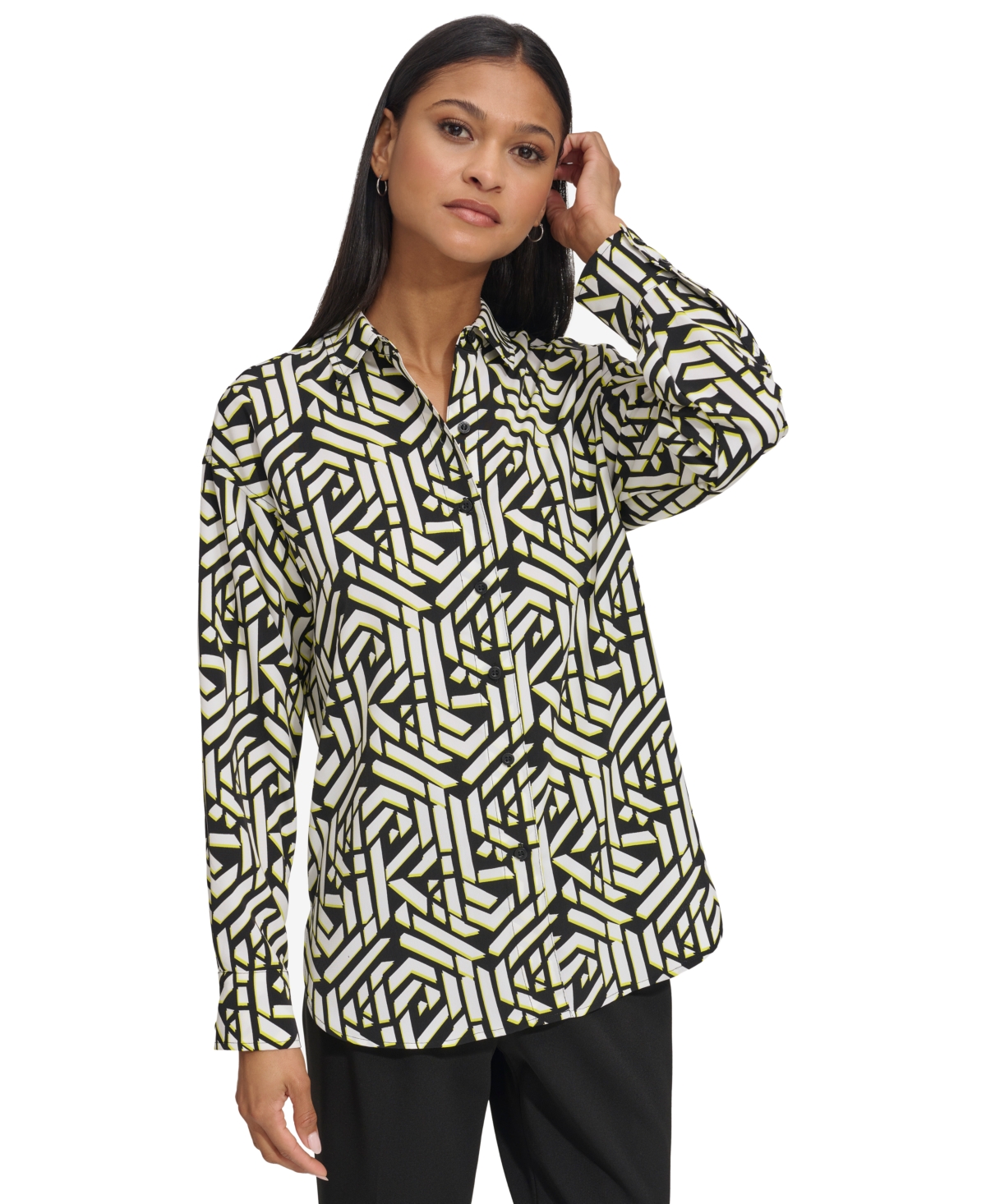 Shop Karl Lagerfeld Women's Printed Oversize Blouse In Chartreuse Multi