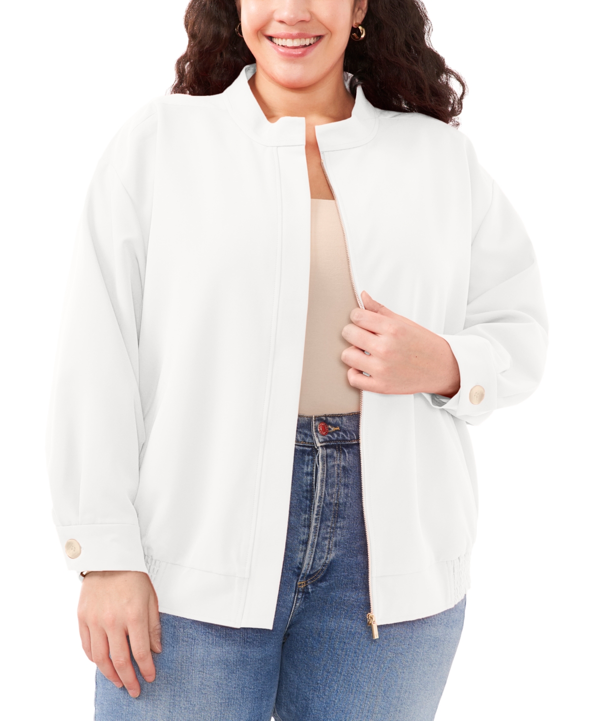 Plus Size Stand Collar Bomber Jacket - New Ivory