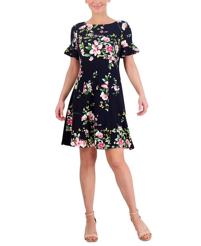 Petite Printed Ruffle Sleeve Fit Flare Dress