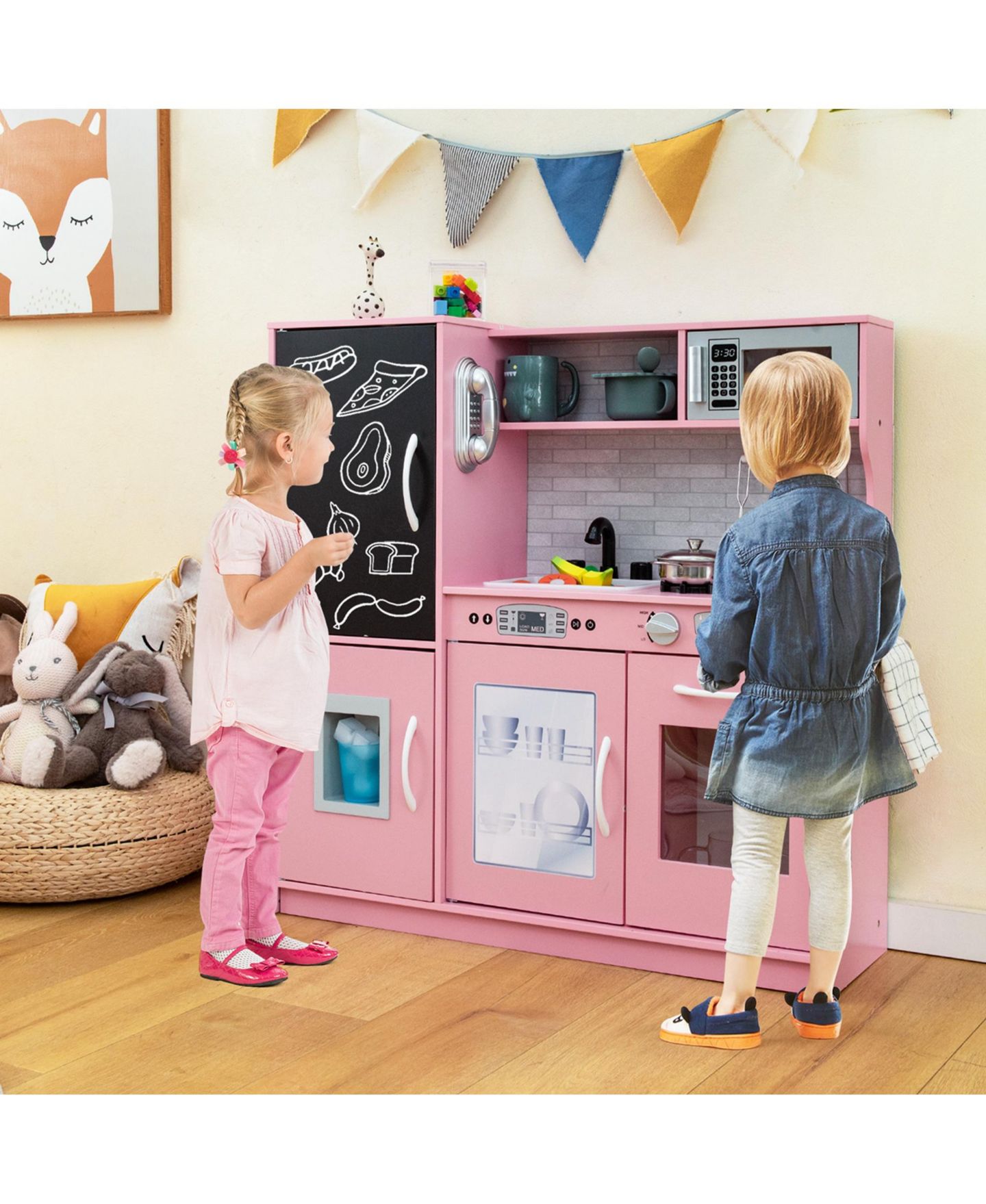 Детские игрушки Costway Blackboard 11-Piece Pretend Play Kitchen, Ages 3+, цвет: Розовый — фото 3