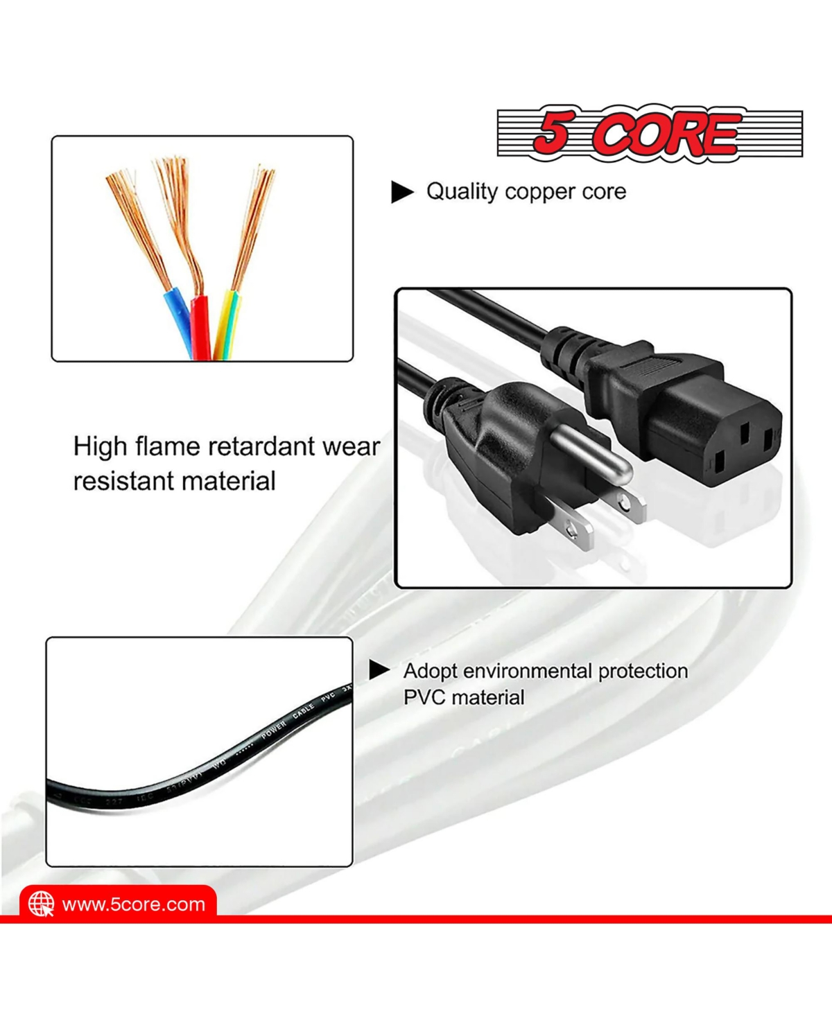 5 Core 3 Prong Extension Cord 6 FeetDurable Three Prong Extension Cable Us Ac 3 Prong Christmas Light Extension Cord -Pc 1001 - Black