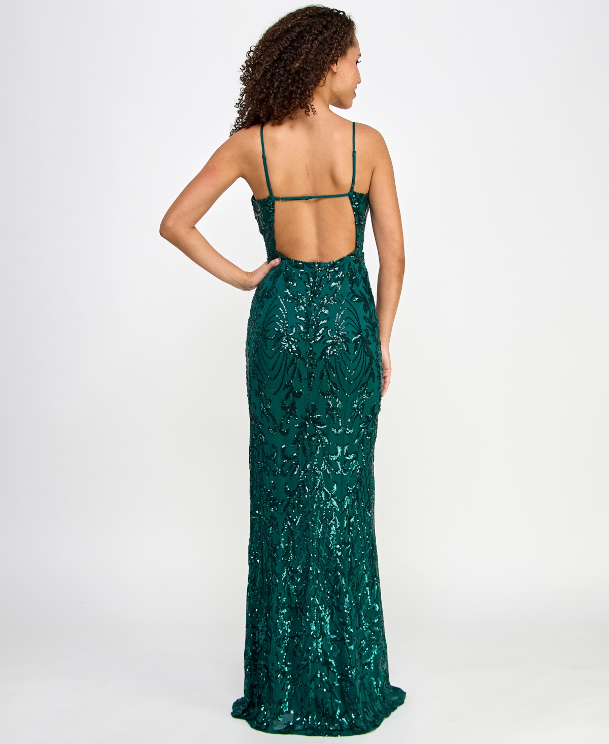 Shop Crystal Doll Juniors' Sequin-pattern Open-back Gown In Hunter