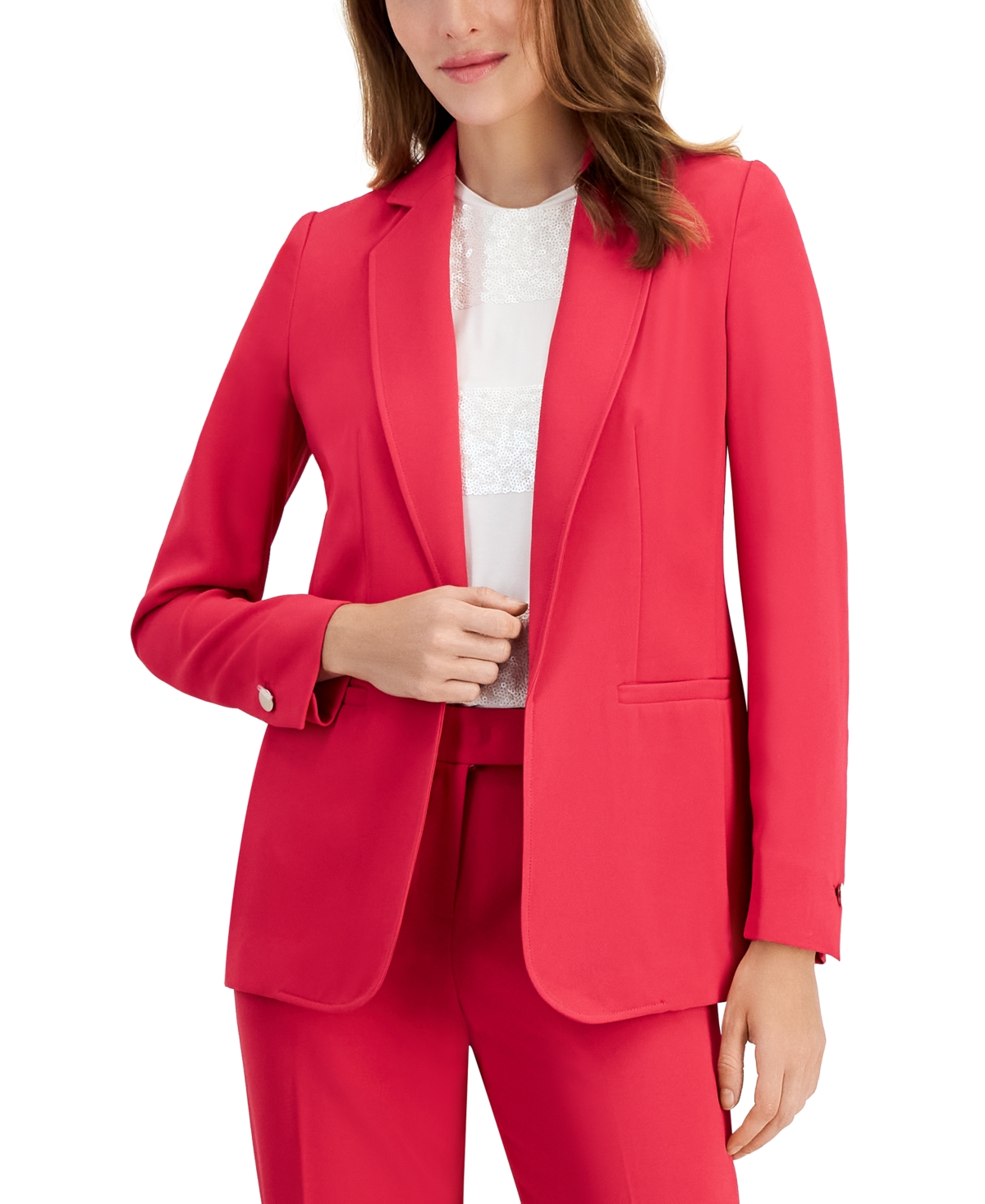 Shop Anne Klein Women's Solid Open-front Notched-collar Jacket In Rich Camellia
