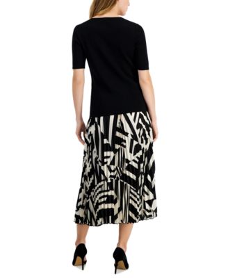 Shop Anne Klein Womens Half Sleeve V Neck Top Pull On Printed Midi Pleated Skirt In Anne Black,anne White