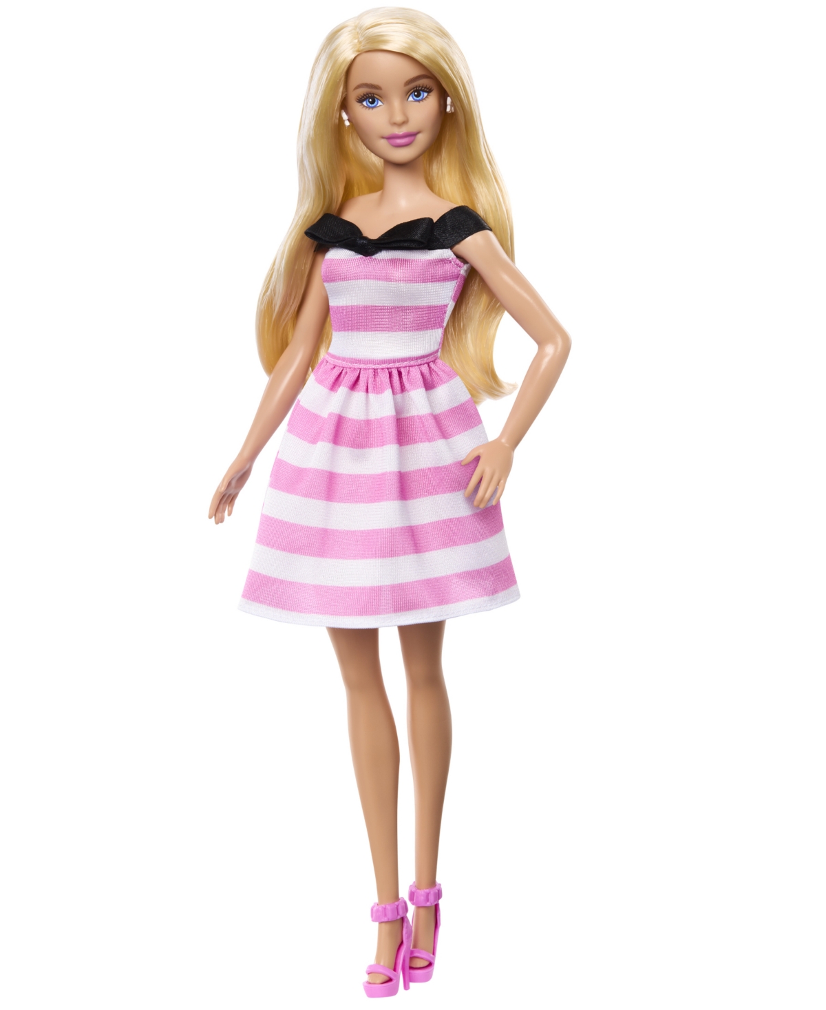 Shop Barbie 65th Anniversary Fashion Doll With Blonde Hair, Pink Striped Dress And Accessories In Multi