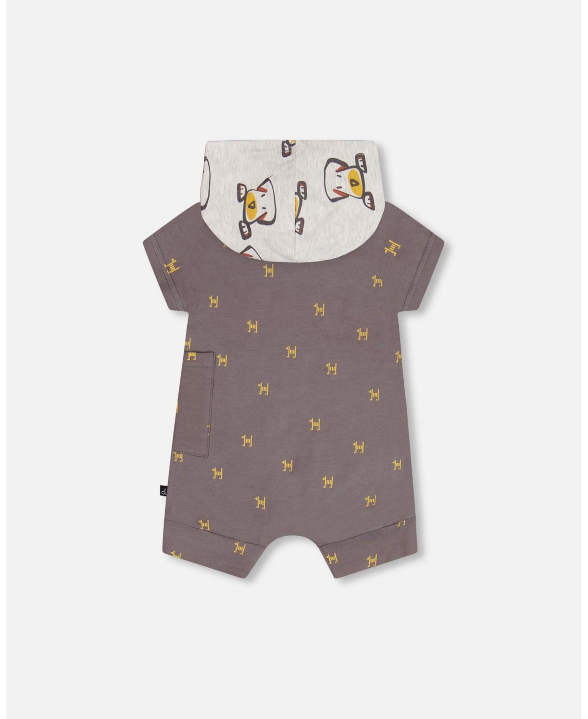Deux par Deux Baby Boys Baby ganic Cotton Hooded Romper Dark Grey With Printed Pixel Dog - Dark grey with printed pixel dog