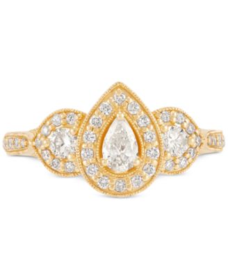 Diamond Pear-Cut Halo Three Stone Beaded Engagement Ring (3/4 ct. t.w.) in 14k  Gold