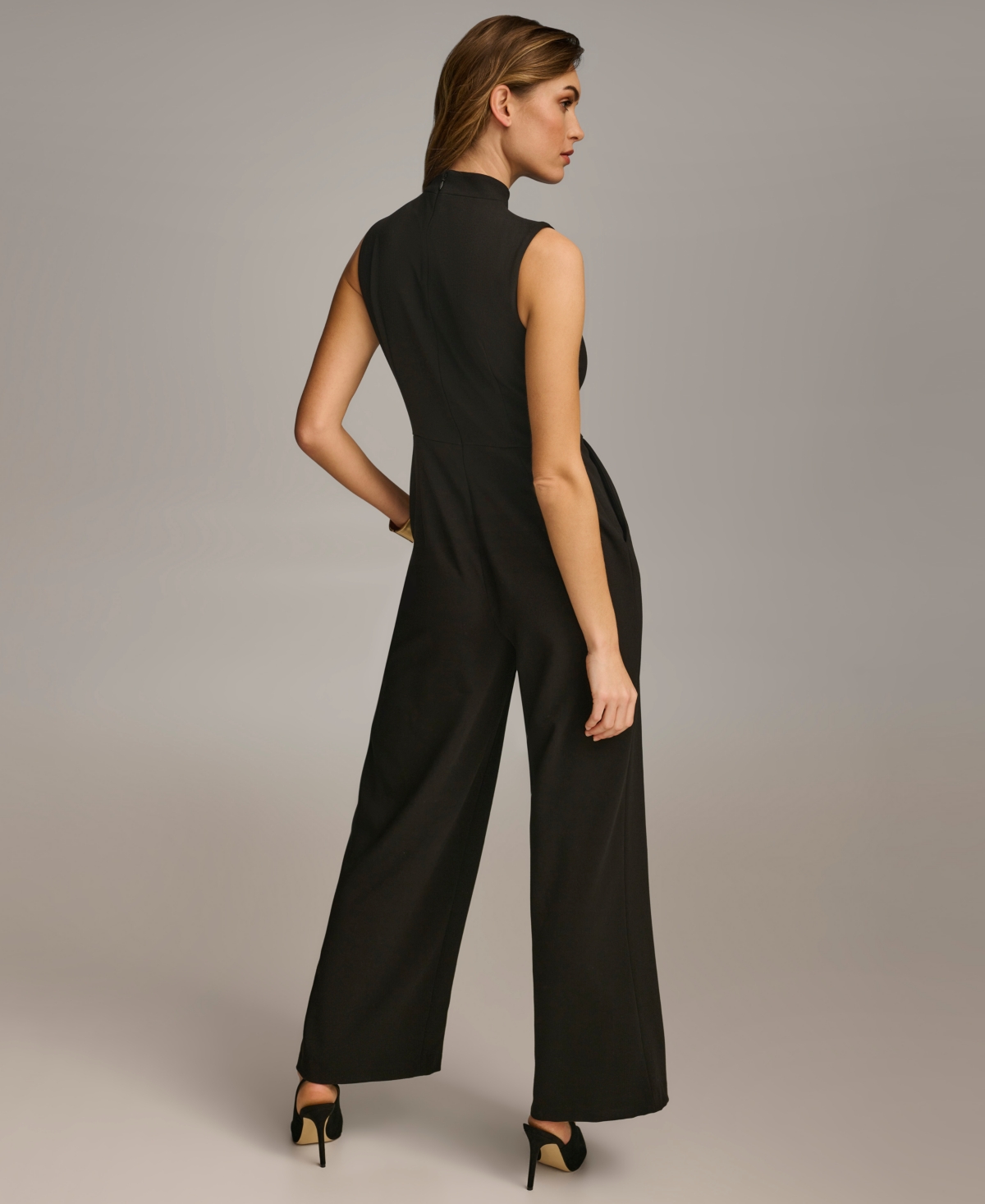 Shop Donna Karan Women's Mock-neck Sleeveless Straight-leg Jumpsuit In Black