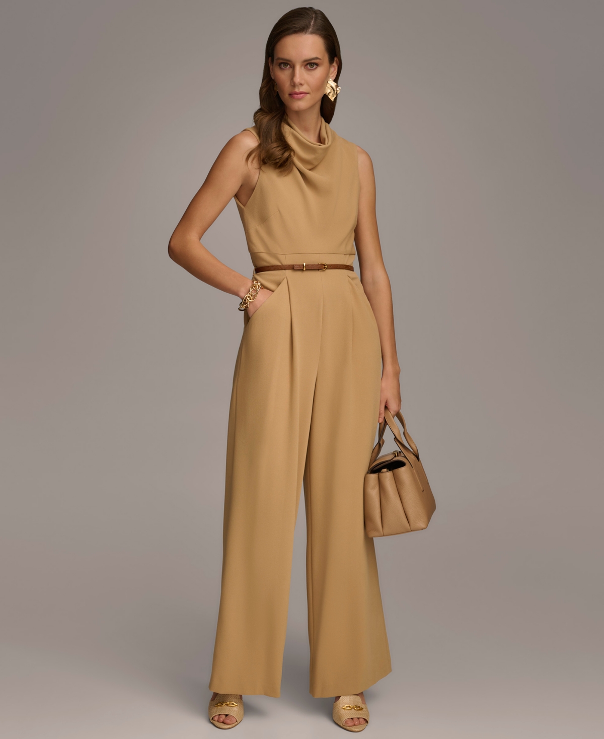 Women's Draped-Neck Belted Sleeveless Jumpsuit - Fawn