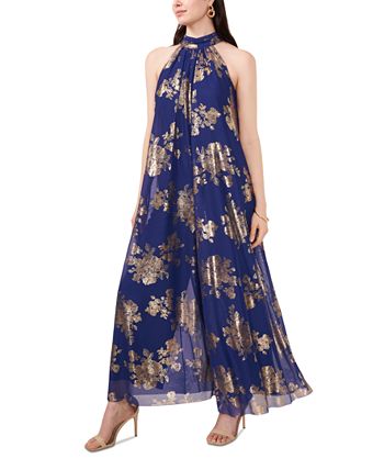 MSK Metallic Floral Print Halter Wide Leg Jumpsuit Macy s