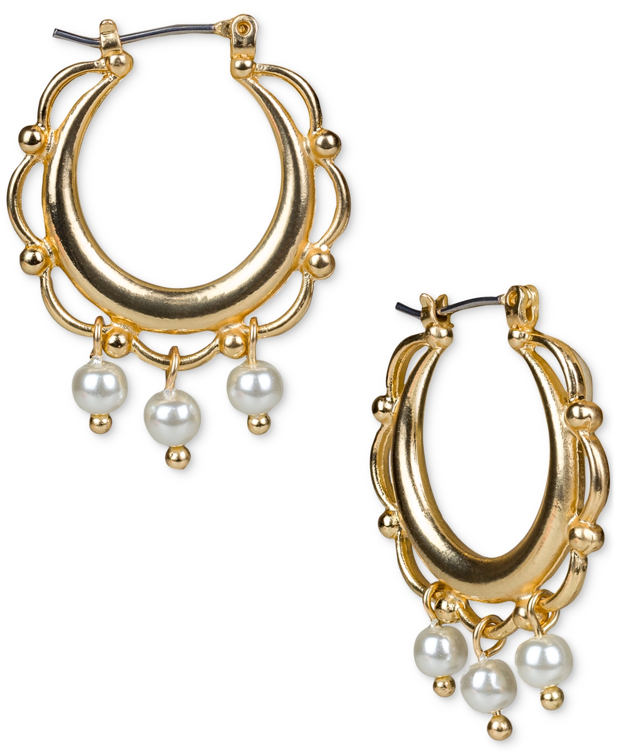 Gold-Tone Imitation Pearl Charm Scalloped Hoop Earrings - Egyptian Gold, White