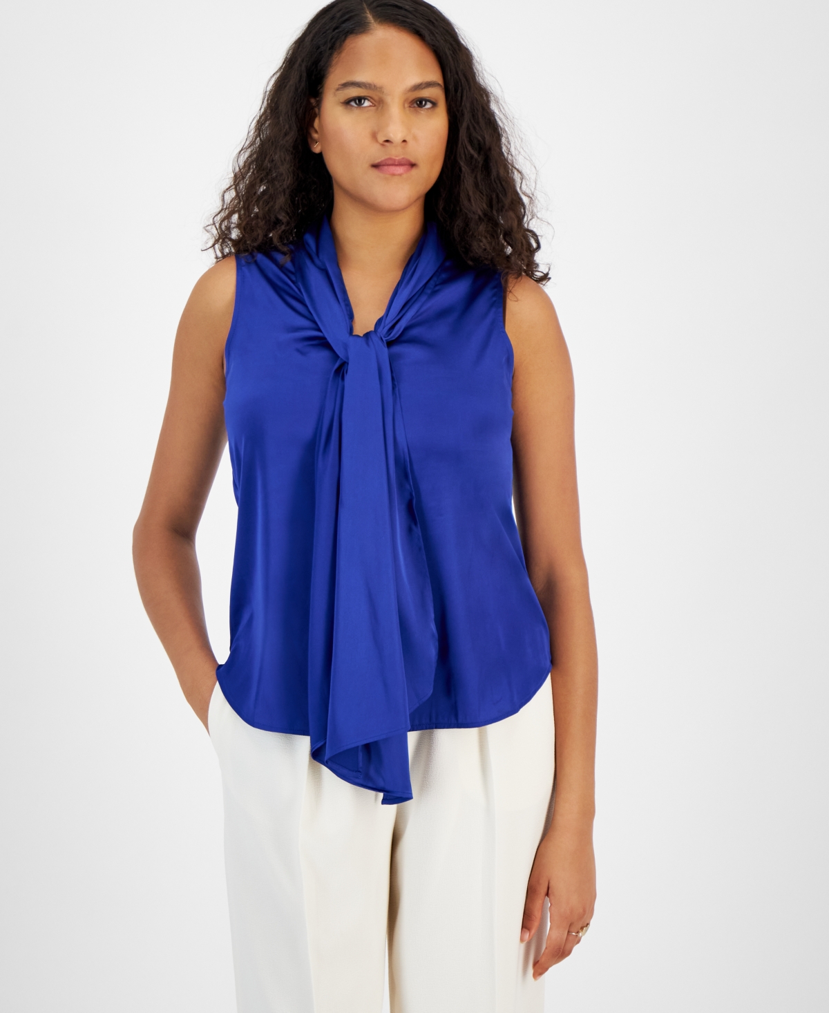 Bar Iii Women's Tie-neck Sleeveless Satin Blouse, Created For Macy's In Deep Blue