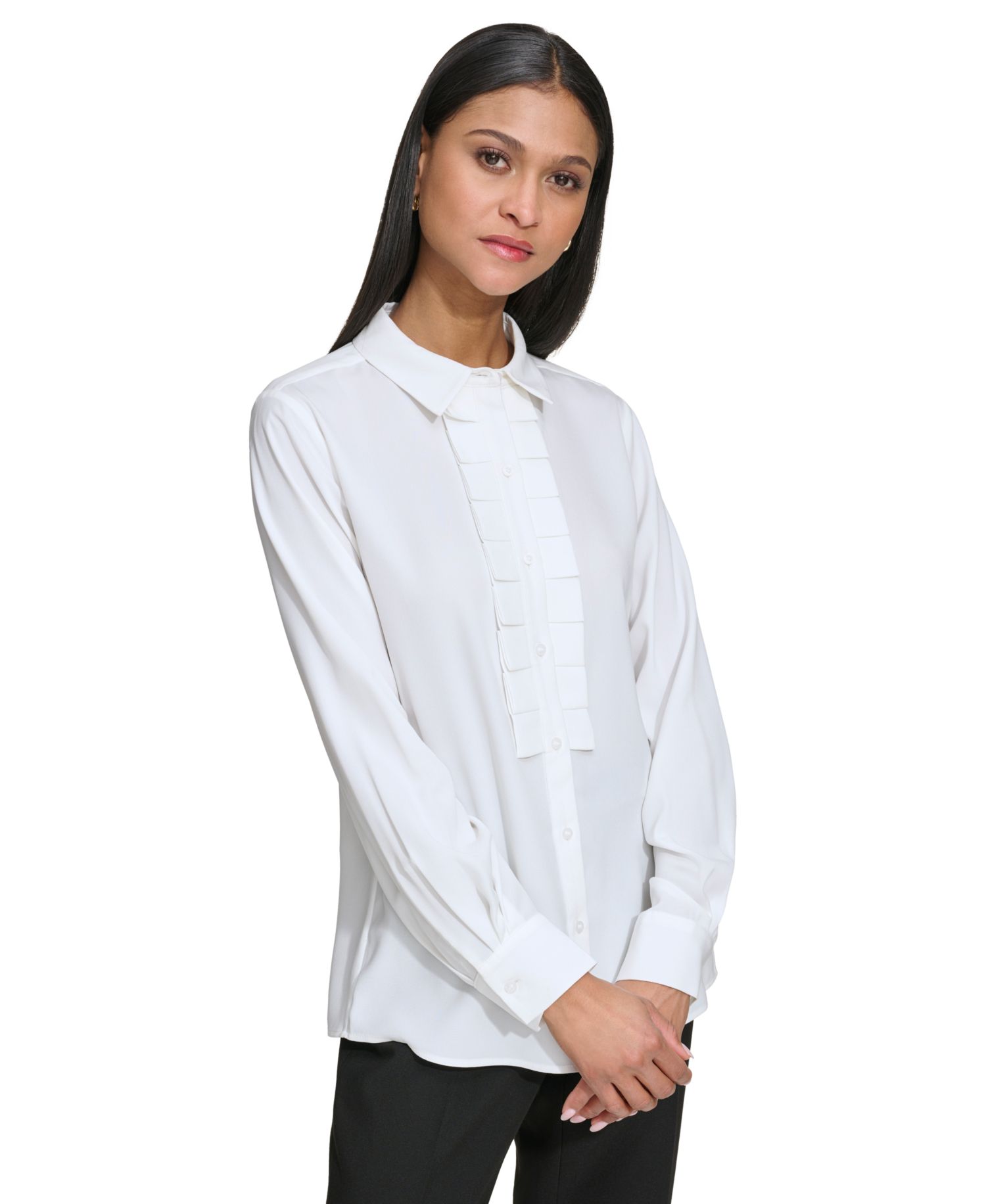 Karl Lagerfeld Petite Collared Pleat-Front Long-Sleeve Top