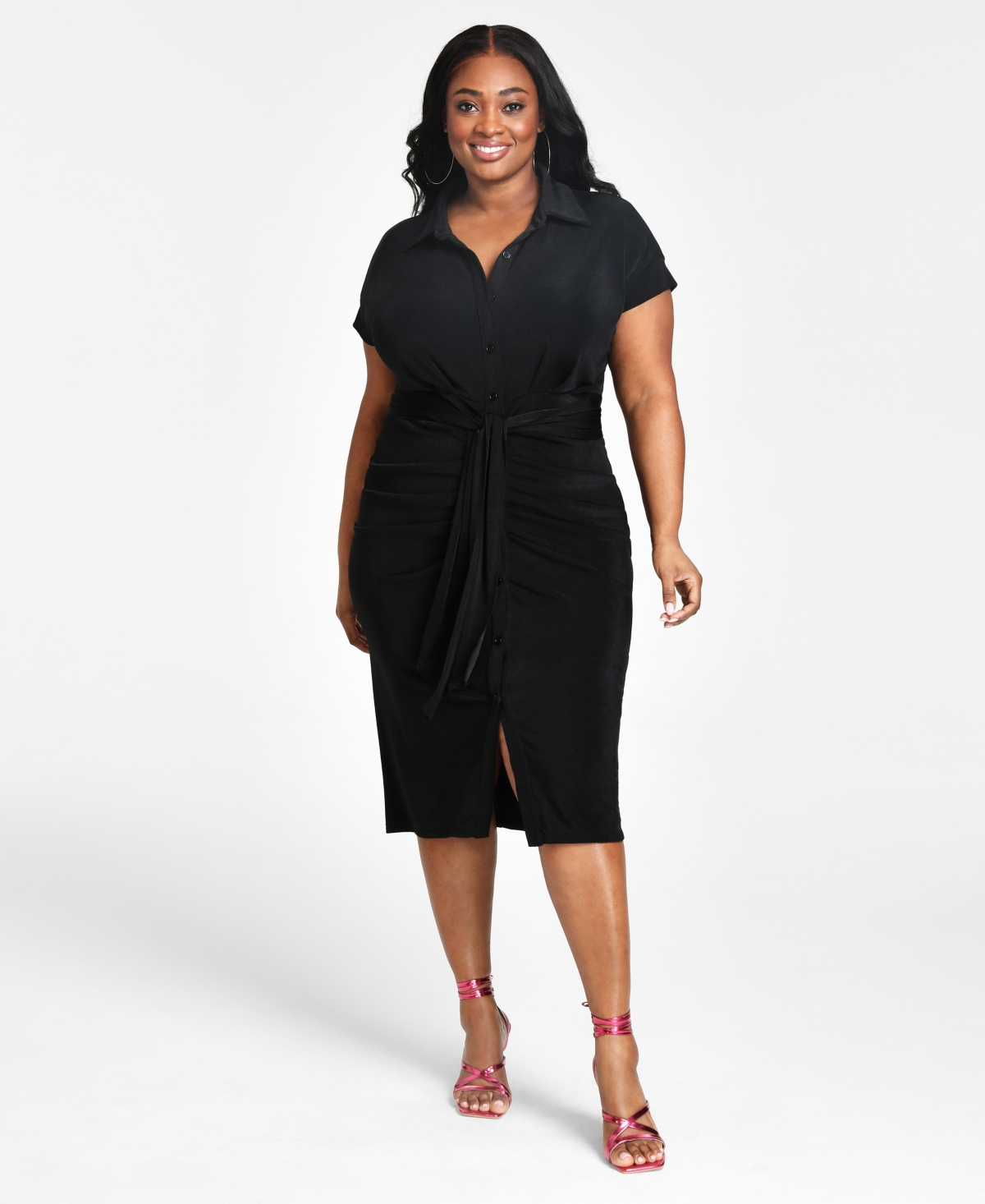 Trendy Plus Size Tie-Front Ruched Shirtdress - Animal Combo