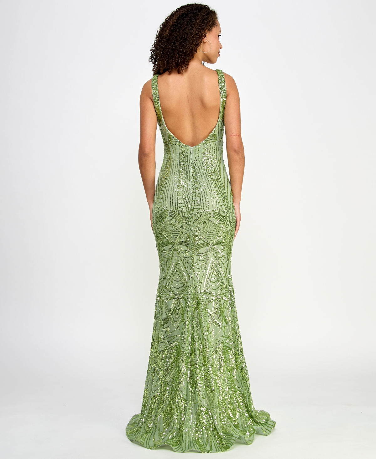 Shop Morgan & Company Juniors' Deep-v Illusion Sequin Gown In Lime