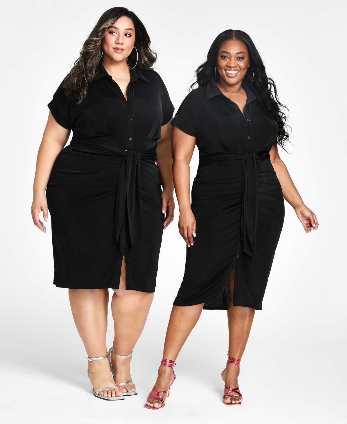 Trendy Plus Size Tie-Front Ruched Shirtdress - Black Beauty