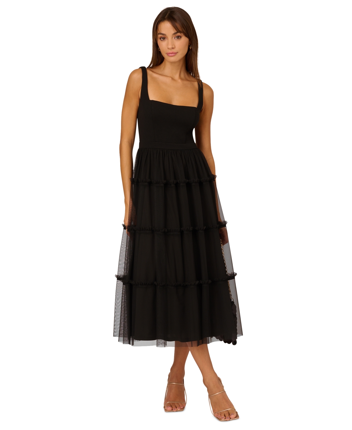 Shop Adrianna By Adrianna Papell Women's Square-neck Midi Mesh Dress In Black