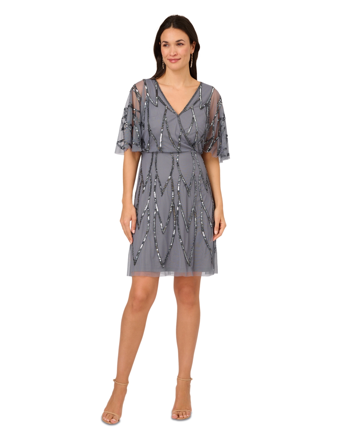 Shop Adrianna Papell Women's Beaded Mesh Flutter-sleeve Dress In Dusty Blue