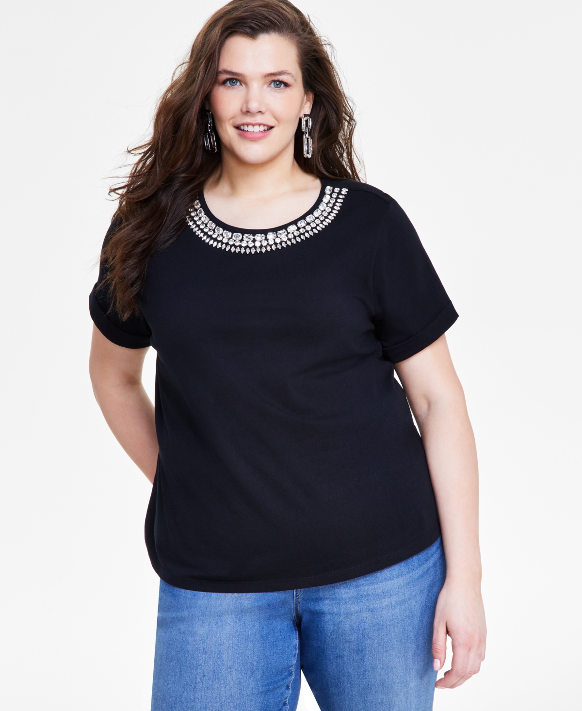 Plus Size Cotton Embellished Tee, Created for Macy's - Deep Black