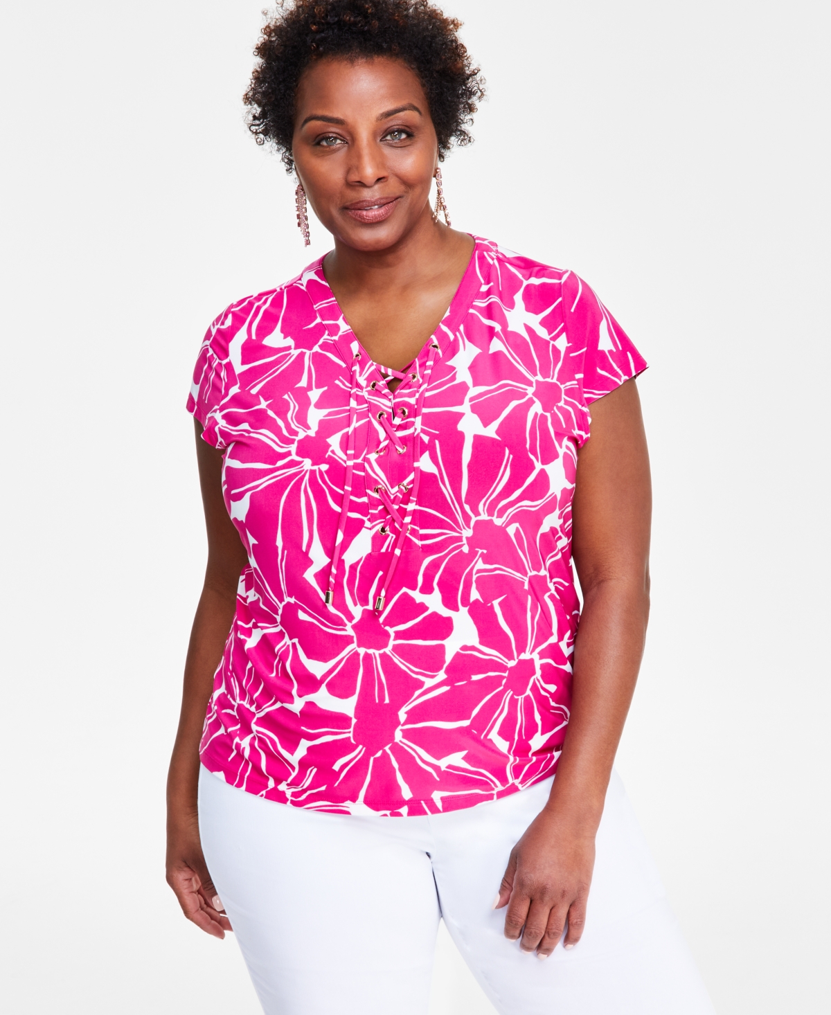 Plus Size Printed Lace-Up Top, Created for Macy's - Tala Blooms